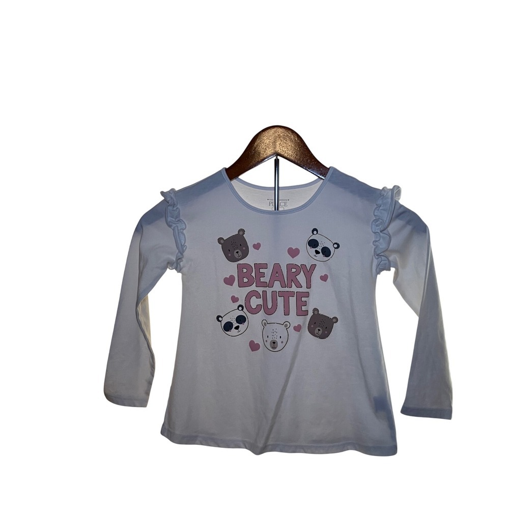 The Childrens Place Girls Size 5 White Long Sleeve Beary Cute Ruffle Shirt